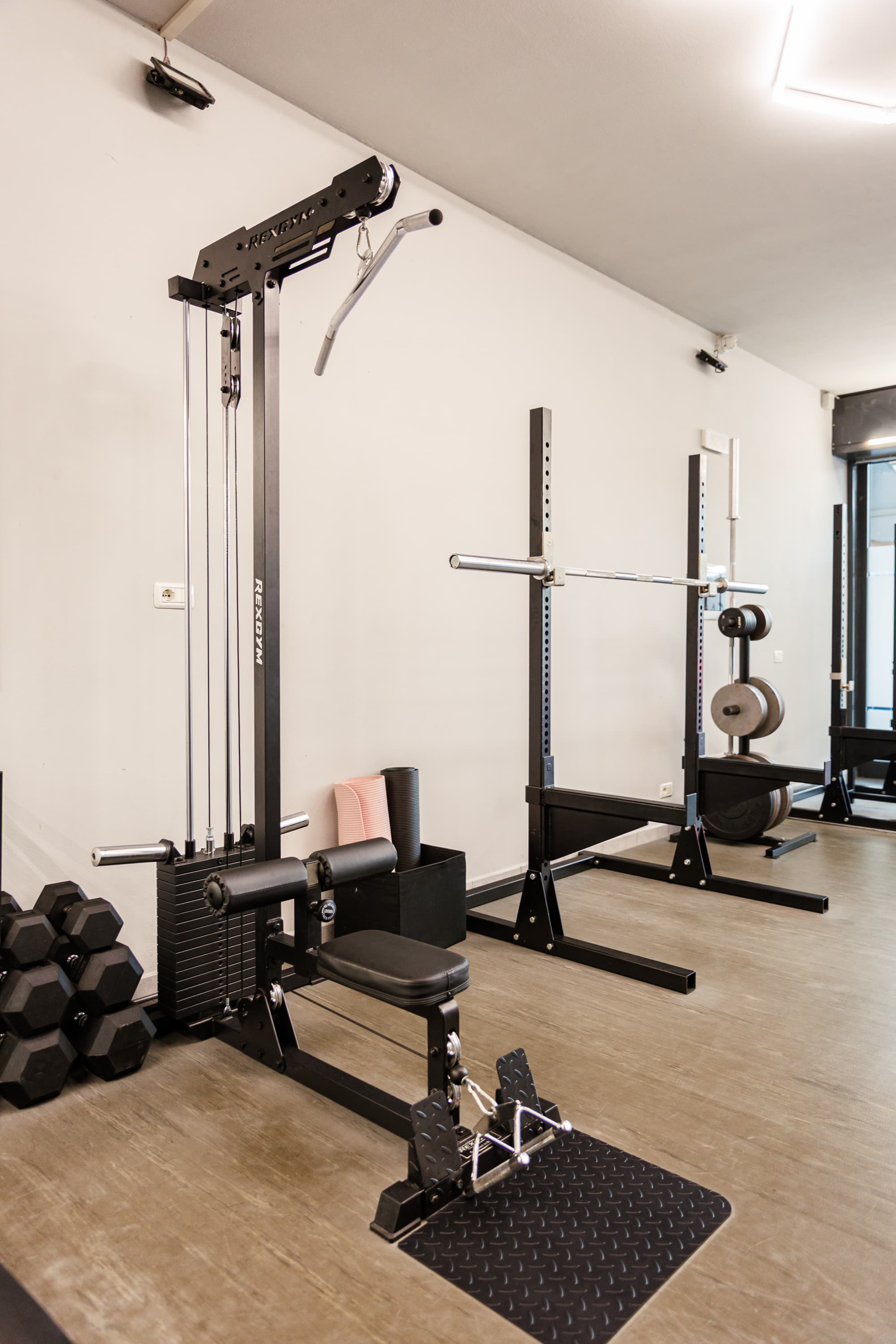 La lat machine, i manubri e un rack coi dischi