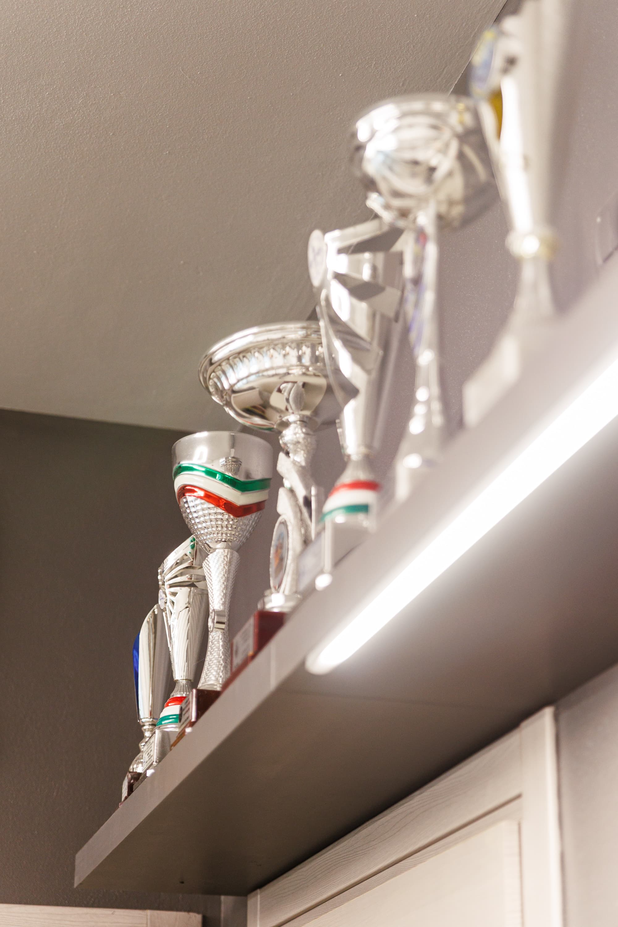 Le coppe di gara sulla mensola illuminata